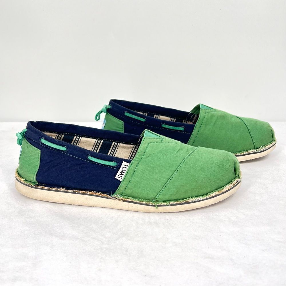 Toms Bimini Stitch Out Two Tone Blue Green Canvas Drawstring Slip On Flats 8.5